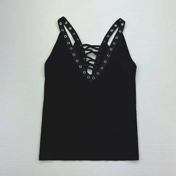 SKYLEE Black Tank Top Punk Rock Sleeveless Grommet Laced V-Neck Shirt One Size - Picture 1 of 6